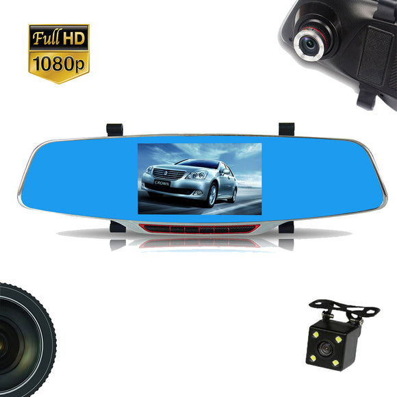 Dual Lens Car Video Recorder Dash DVR Mirror with Reversing Camera HD 1080P