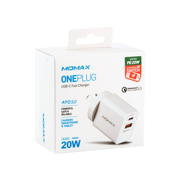 MOMAX ONEPLUG 20W USB-C PD Wall Fast Charger Dual Output USB-C PD & USB-A AU PLUG UM13