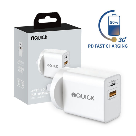 iQuick 20W USB-C PD Wall Fast Charger Dual Output USB-C PD & USB-A AU PLUG